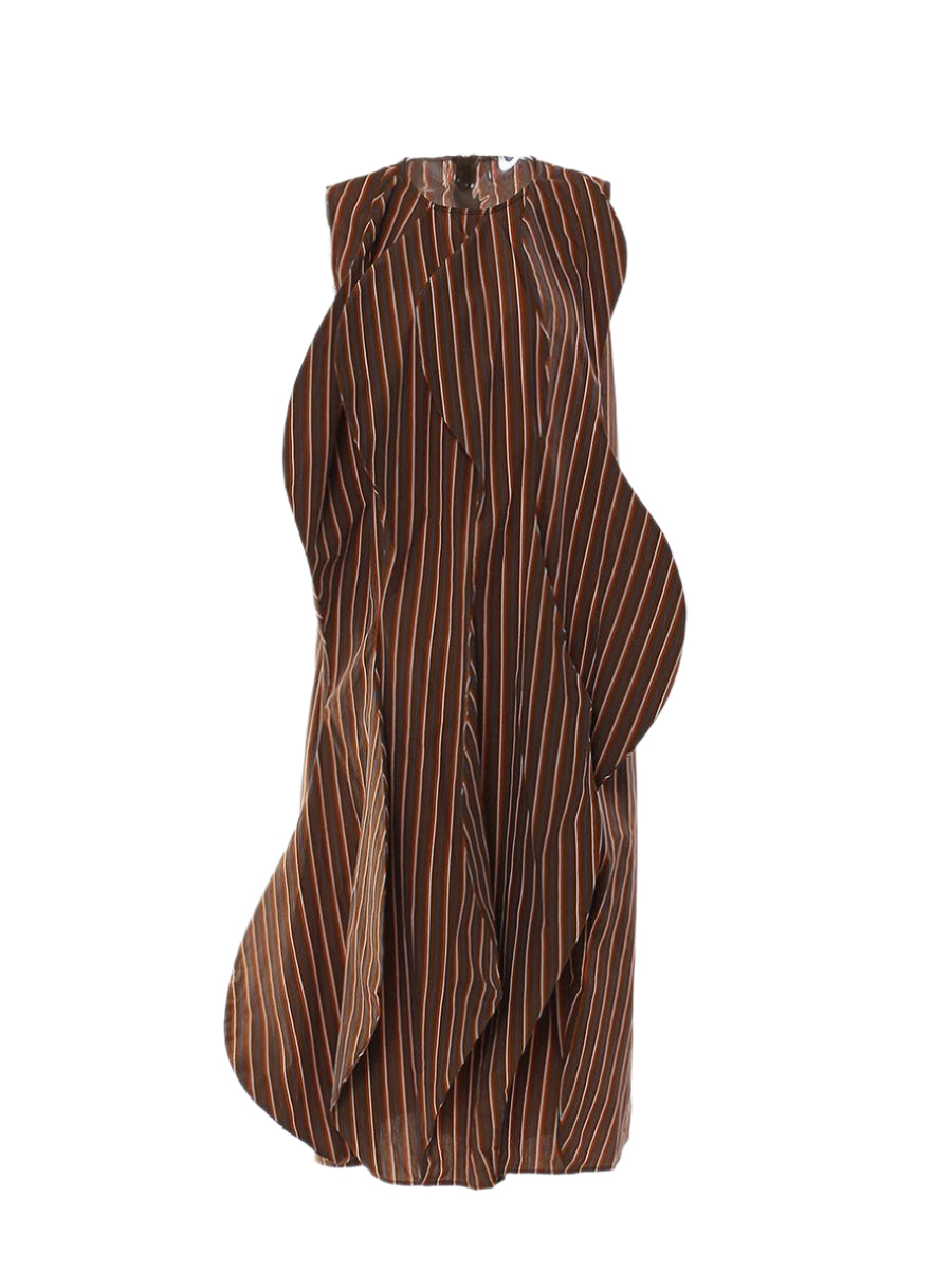 Striped Brown Cotton Midi Ballon Dress