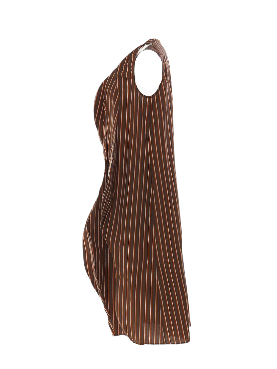 Striped Brown Cotton Midi Ballon Dress