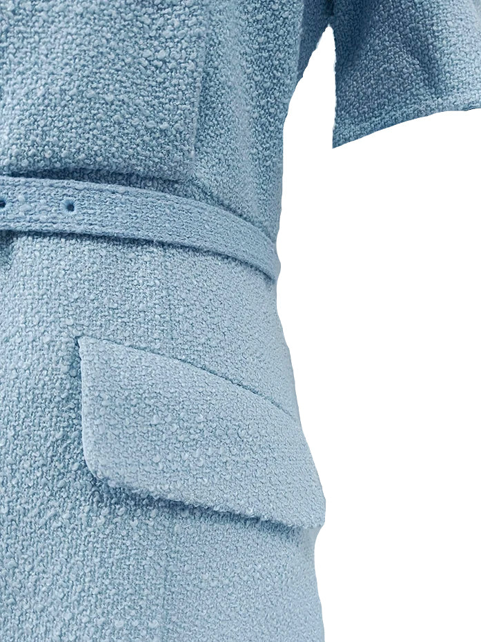 Tweed Elegant Belted Sky Blue Dress
