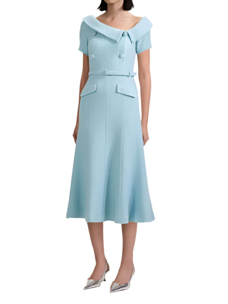 Tweed Elegant Belted Sky Blue Dress