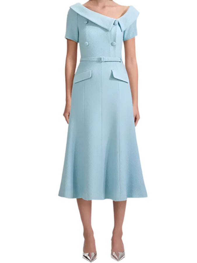 Tweed Elegant Belted Sky Blue Dress