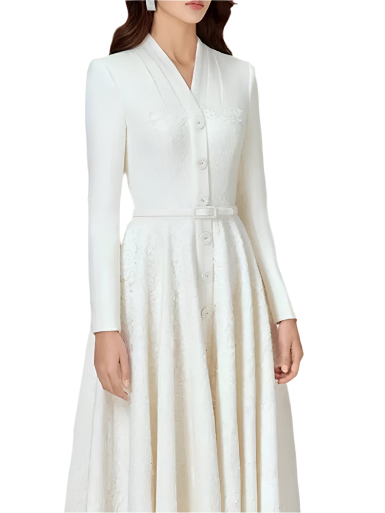 Lace Long Sleeve V-neck Belted Dress