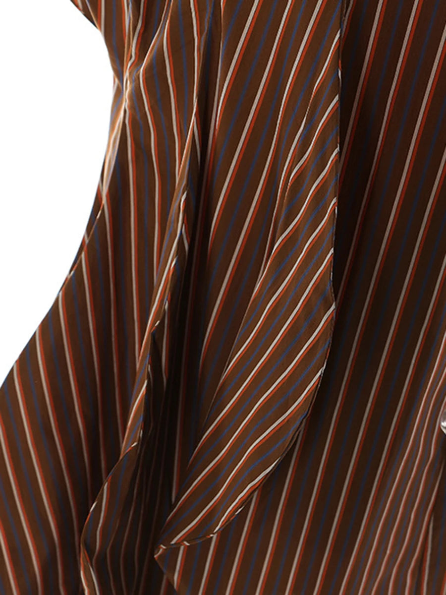 Striped Brown Cotton Midi Ballon Dress