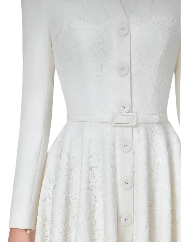 Lace Long Sleeve V-neck Belted Dress