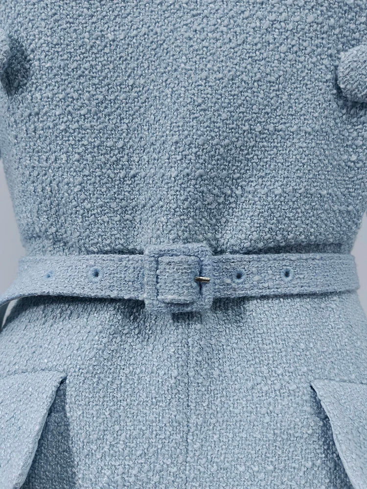 Tweed Elegant Belted Sky Blue Dress