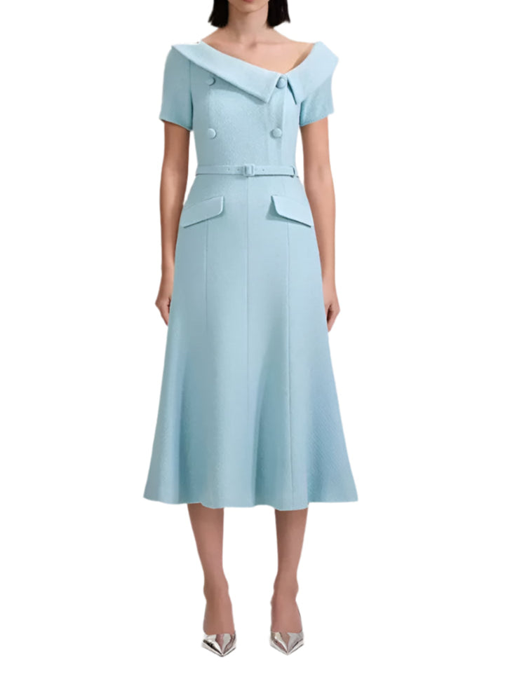 Tweed Elegant Belted Sky Blue Dress