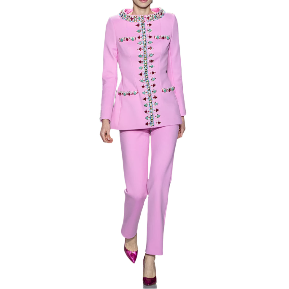 Pink Suit Outfit Two Piece Set With Crystal
