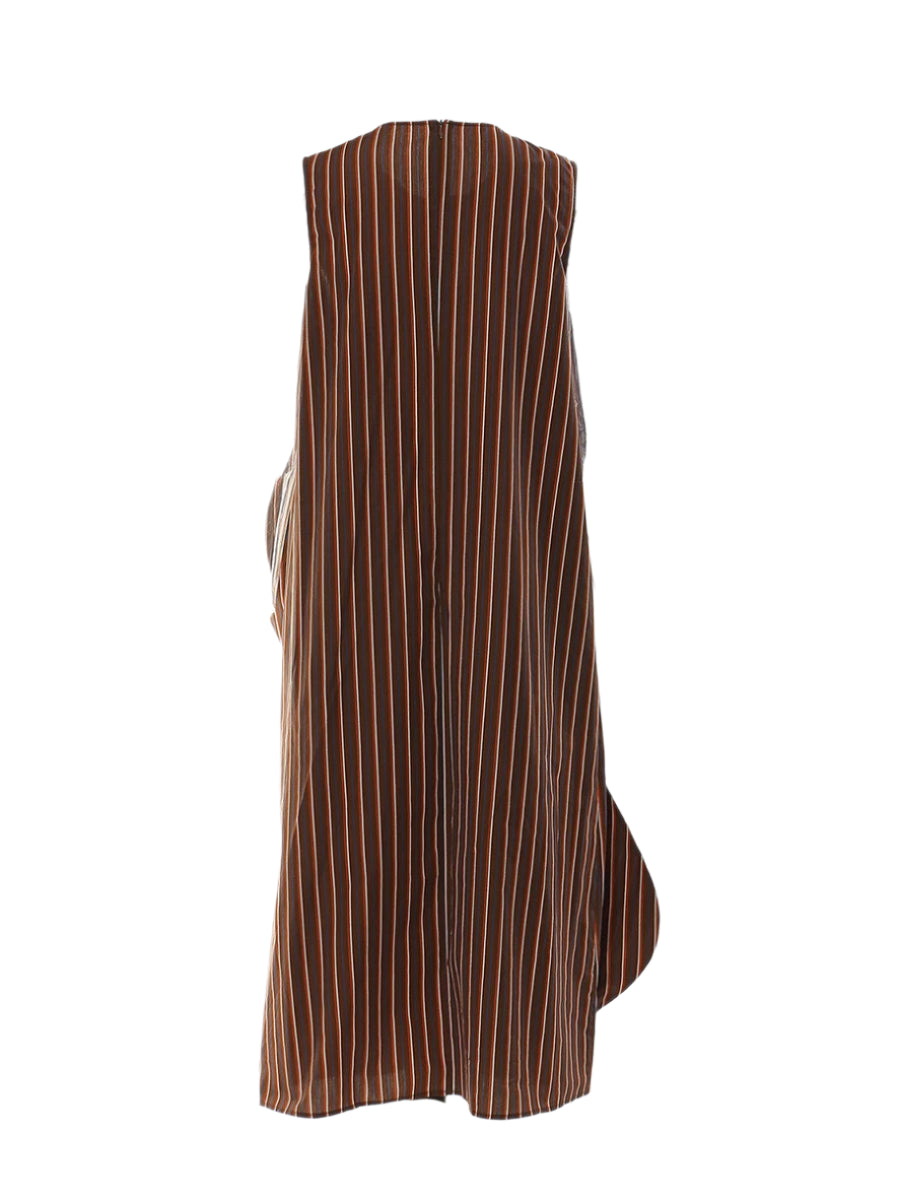Striped Brown Cotton Midi Ballon Dress