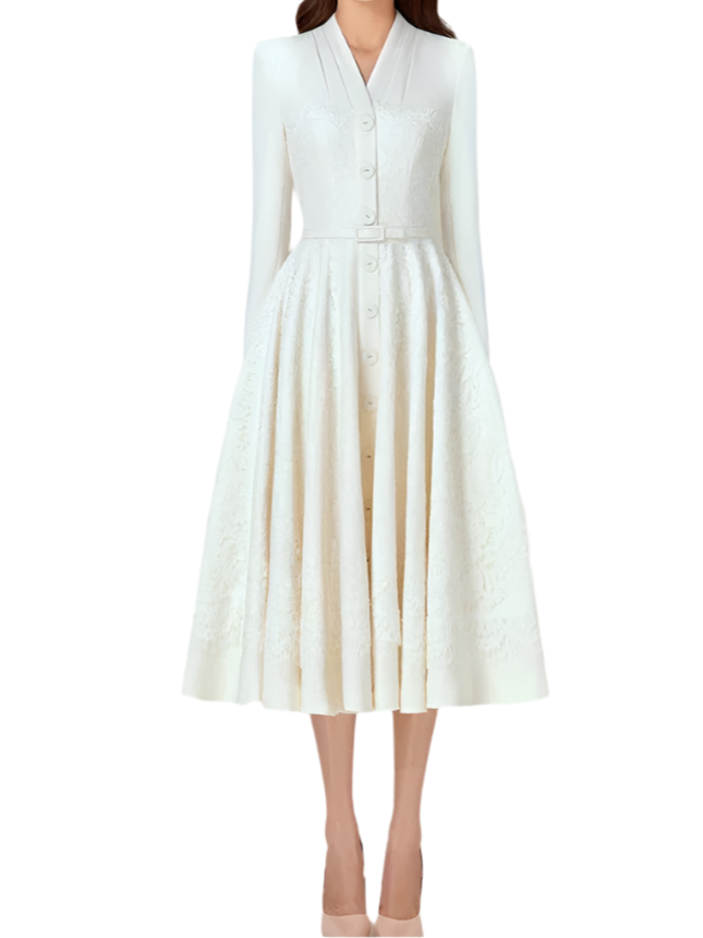 Lace Long Sleeve V-neck Belted Dress