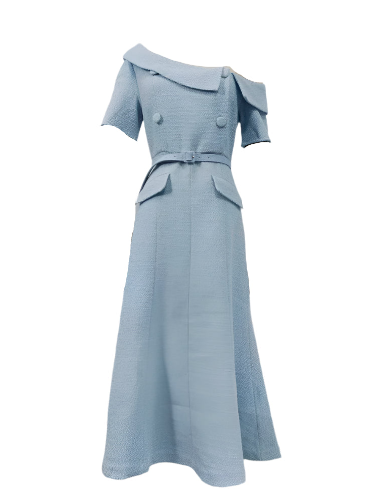 Tweed Elegant Belted Sky Blue Dress