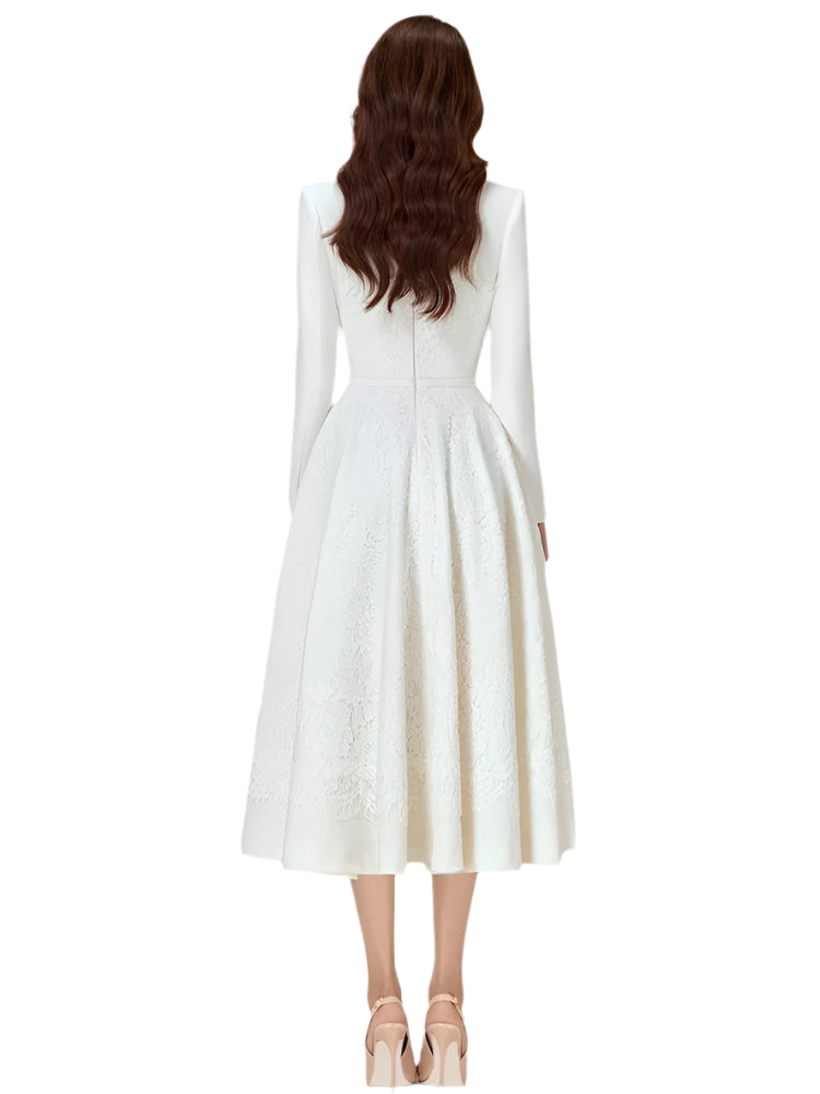 Lace Long Sleeve V-neck Belted Dress