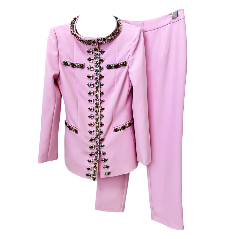 Pink Suit Outfit Two Piece Set With Crystal