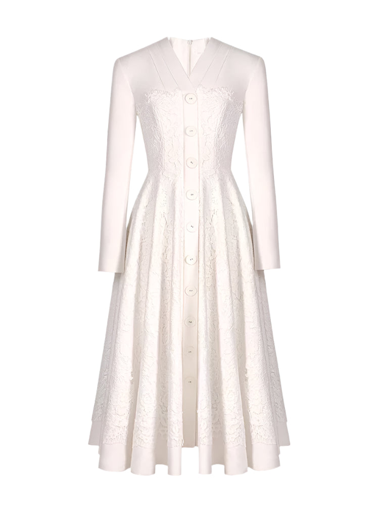 Lace Long Sleeve V-neck Belted Dress