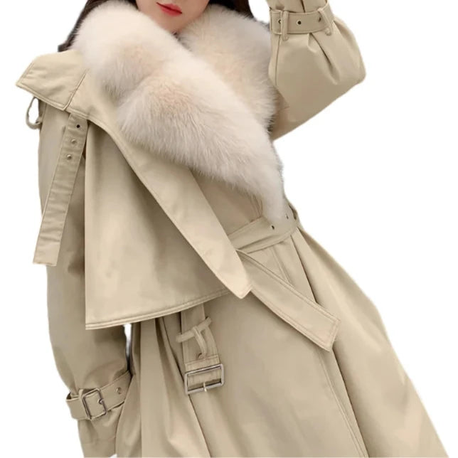 Real Fur Detachable Collar Trench Coat