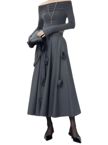 2 Pcs Set Knitted Top Waist 3D Flower Skirt Suit