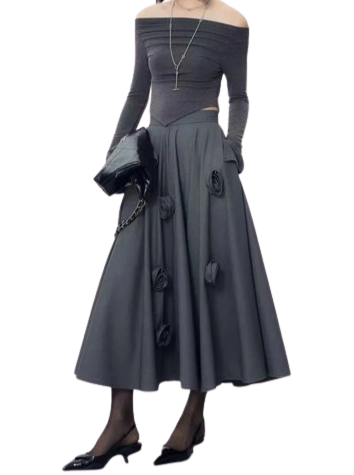 2 Pcs Set Knitted Top Waist 3D Flower Skirt Suit