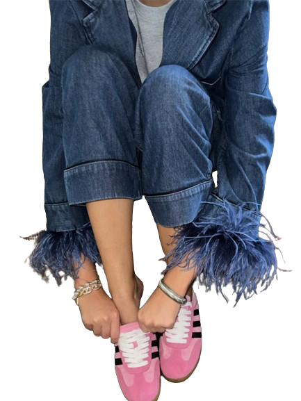 Blue Ostrich Feather Top and Pants Set