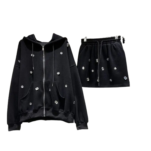 3 Different Color Available Two Piece Set For Diamond Long Sleeve Hooded Zipper Hoodies And A High Elastic Waist Skirt