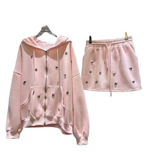 3 Different Color Available Two Piece Set For Diamond Long Sleeve Hooded Zipper Hoodies And A High Elastic Waist Skirt