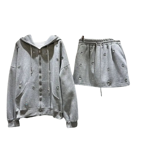 3 Different Color Available Two Piece Set For Diamond Long Sleeve Hooded Zipper Hoodies And A High Elastic Waist Skirt