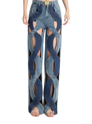 Casual Denim Jeans For Women High Waist Hollow Floral Sexy Flare Jean