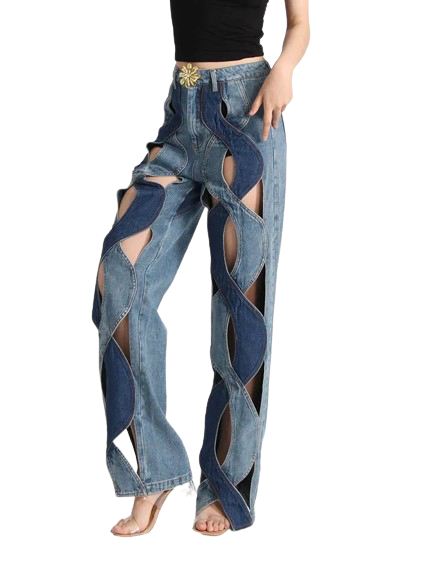 Casual Denim Jeans For Women High Waist Hollow Floral Sexy Flare Jean