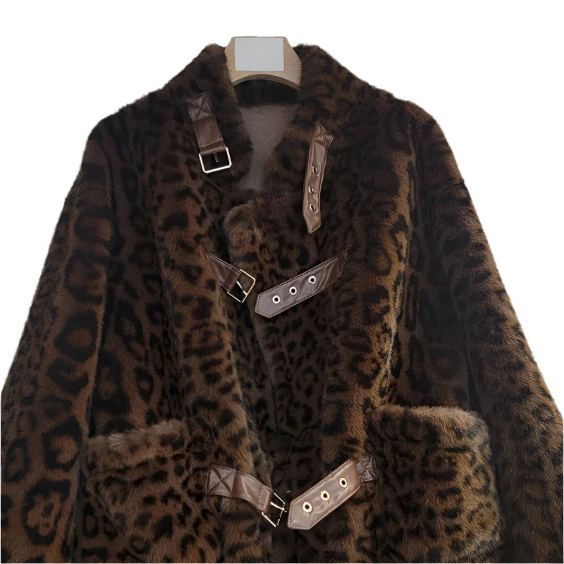 Leopard Faux Fur Loose PU Leather Buckle Jacket