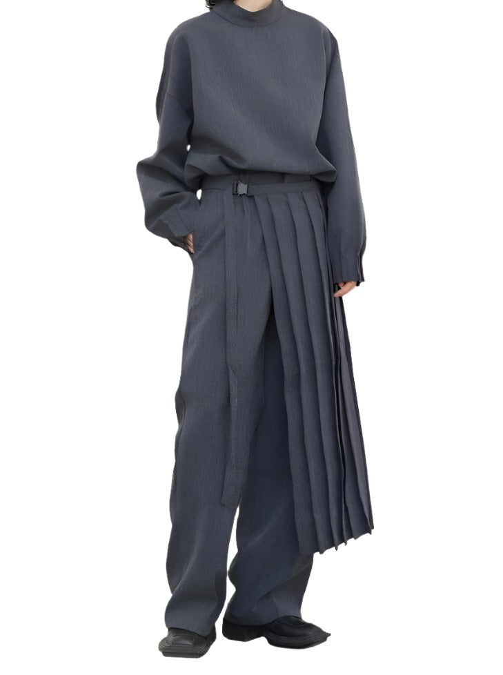 Three Piece Suit Pleated Sweatshirt Wide Leg Pants Suit New Round Neck Long Sleeve