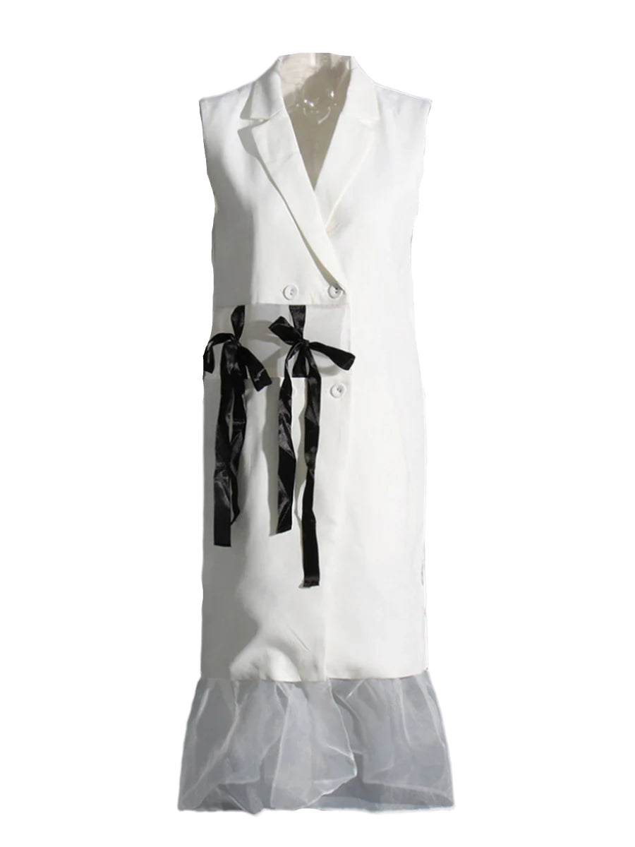 Mesh V Neck Dress With Ribbon