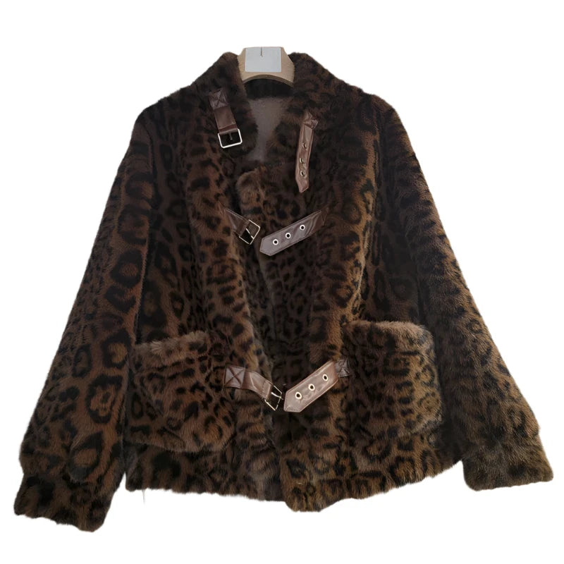 Leopard Faux Fur Loose PU Leather Buckle Jacket