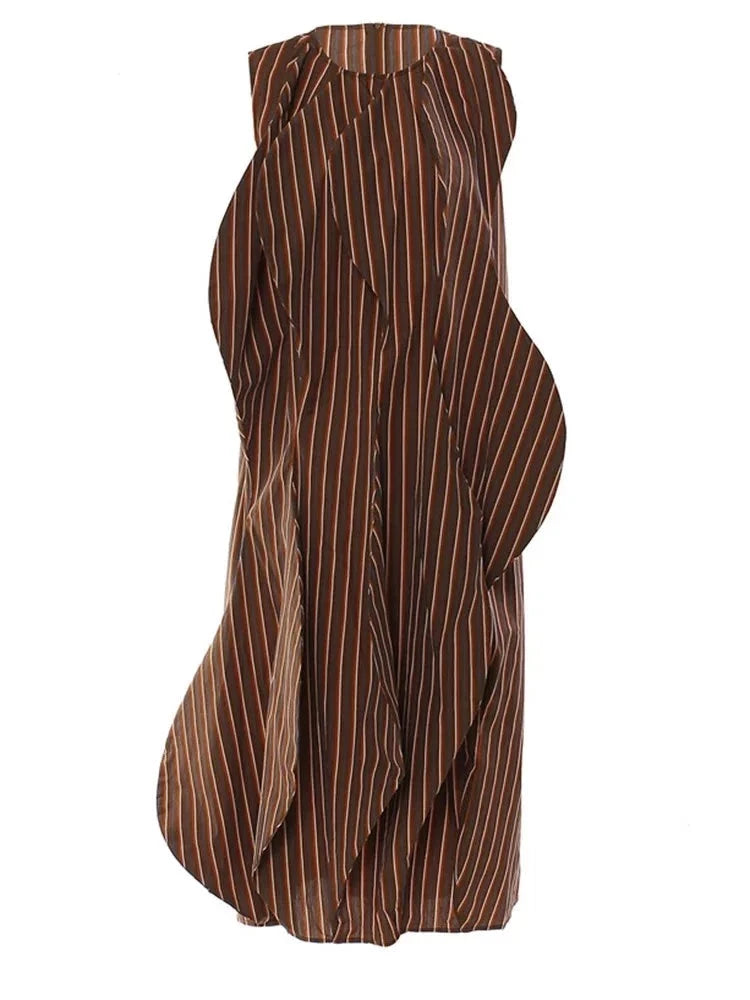 Brown Striped Cotton Midi Dress