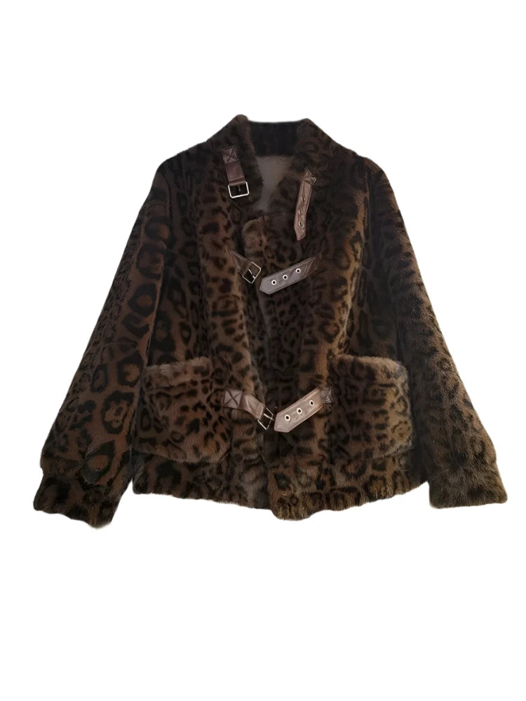 Leopard Faux Fur Loose PU Leather Buckle Jacket