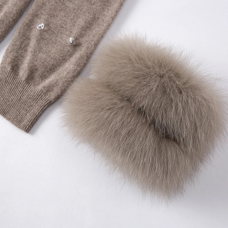 V Neck Sweater Real Fox Cuff Fur