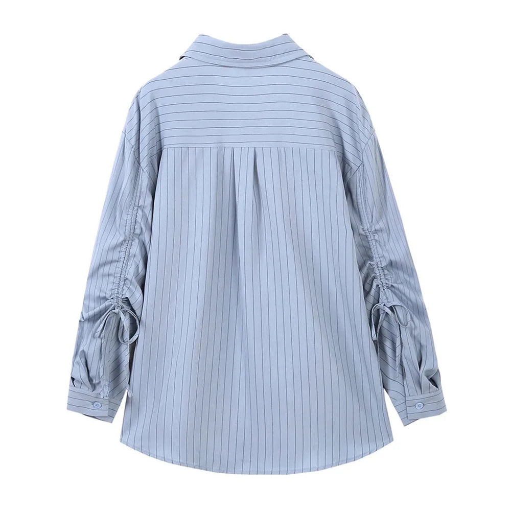 Striped Blouse Lace Up  Sleeve