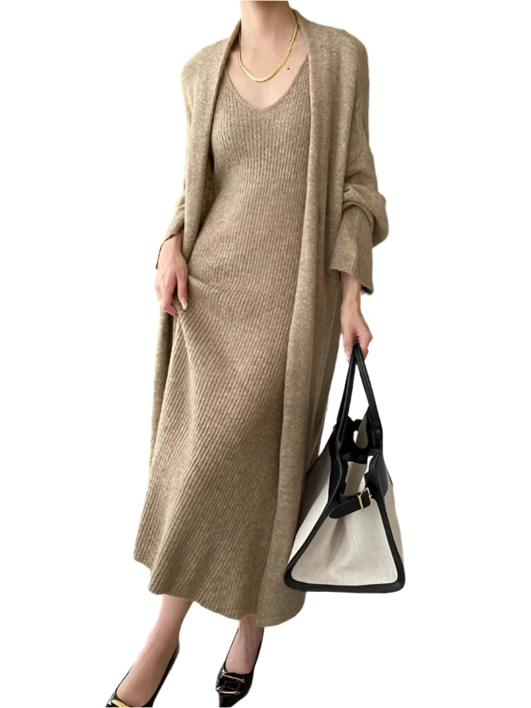 Knitted Dress and long Coat Two Piece Outfit Set