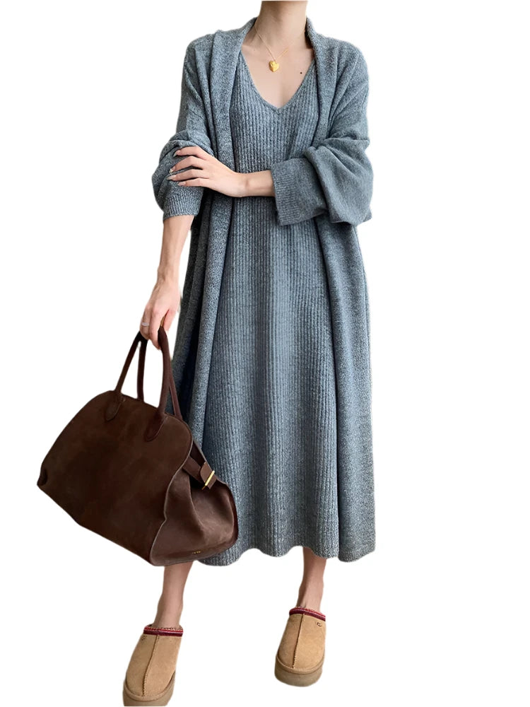 Knitted Dress and long Coat Two Piece Outfit Set