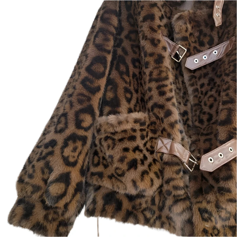 Leopard Faux Fur Loose PU Leather Buckle Jacket