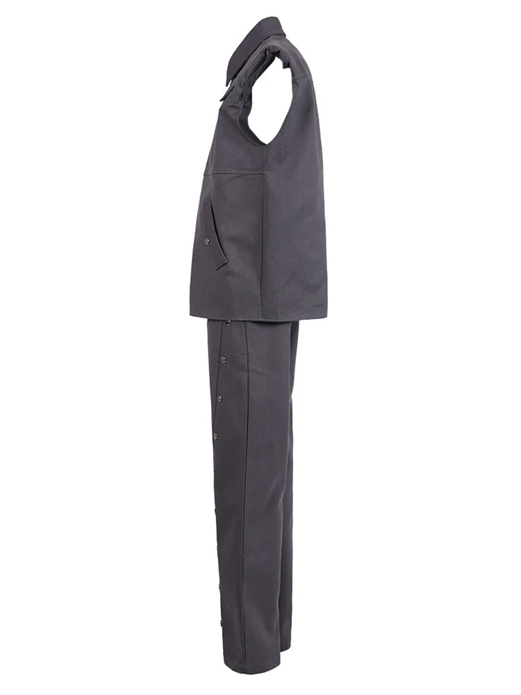 Two Piece Suit Gray Vest Pocket Big Size Long Wide Leg Pants New Lapel Women Fashion Tide Spring Autumn 2023 1DH1468