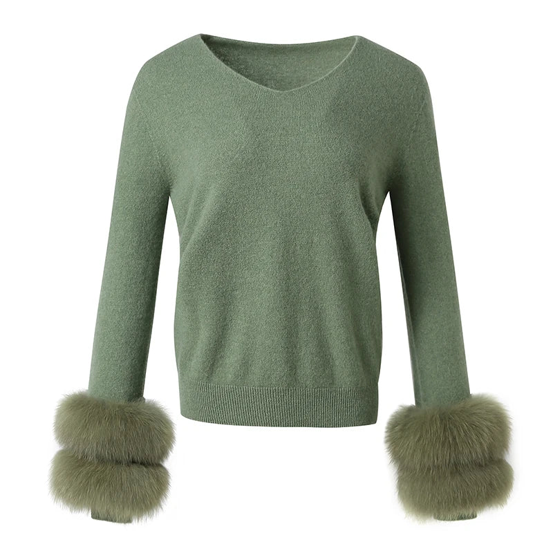 V Neck Sweater Real Fox Cuff Fur