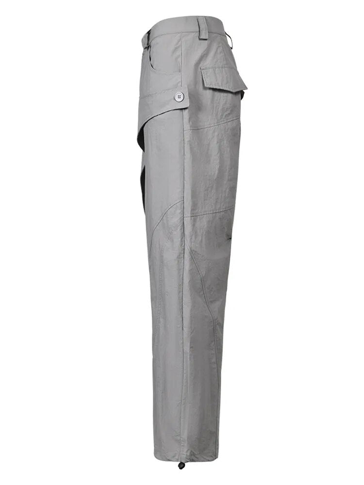High Waist Light Gray Irregular Button Wide Leg Pants New Loose Fit Trousers
