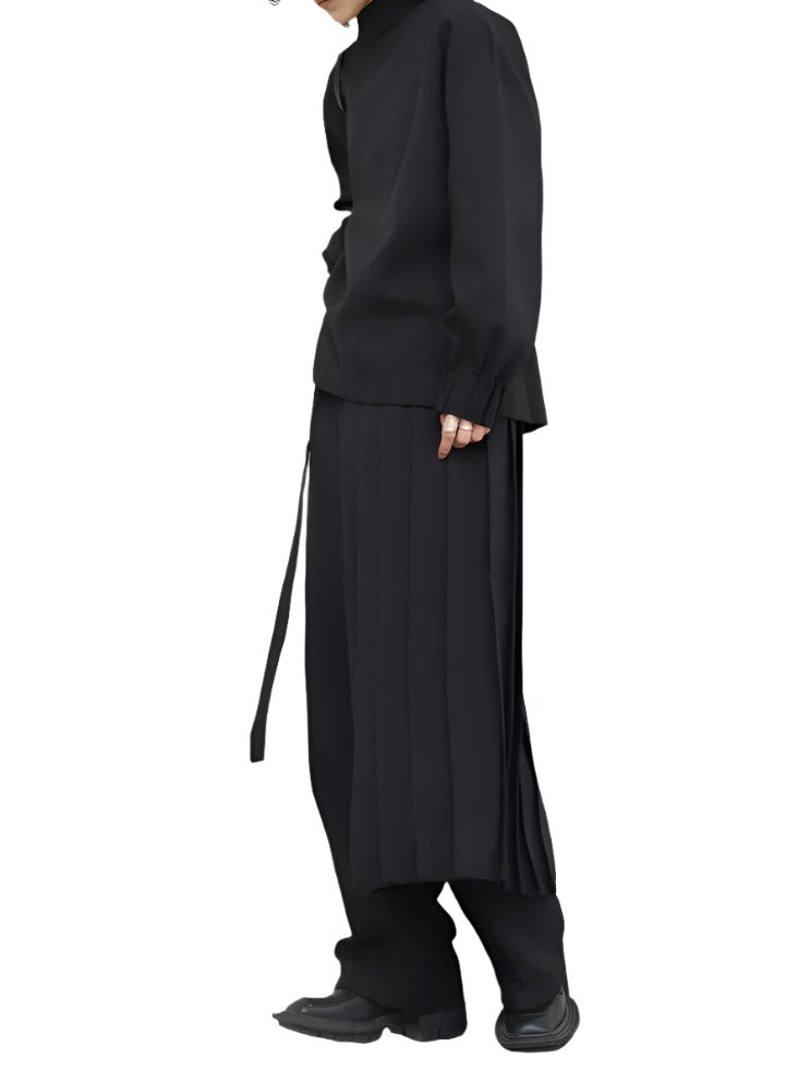 Three Piece Suit Pleated Sweatshirt Wide Leg Pants Suit New Round Neck Long Sleeve