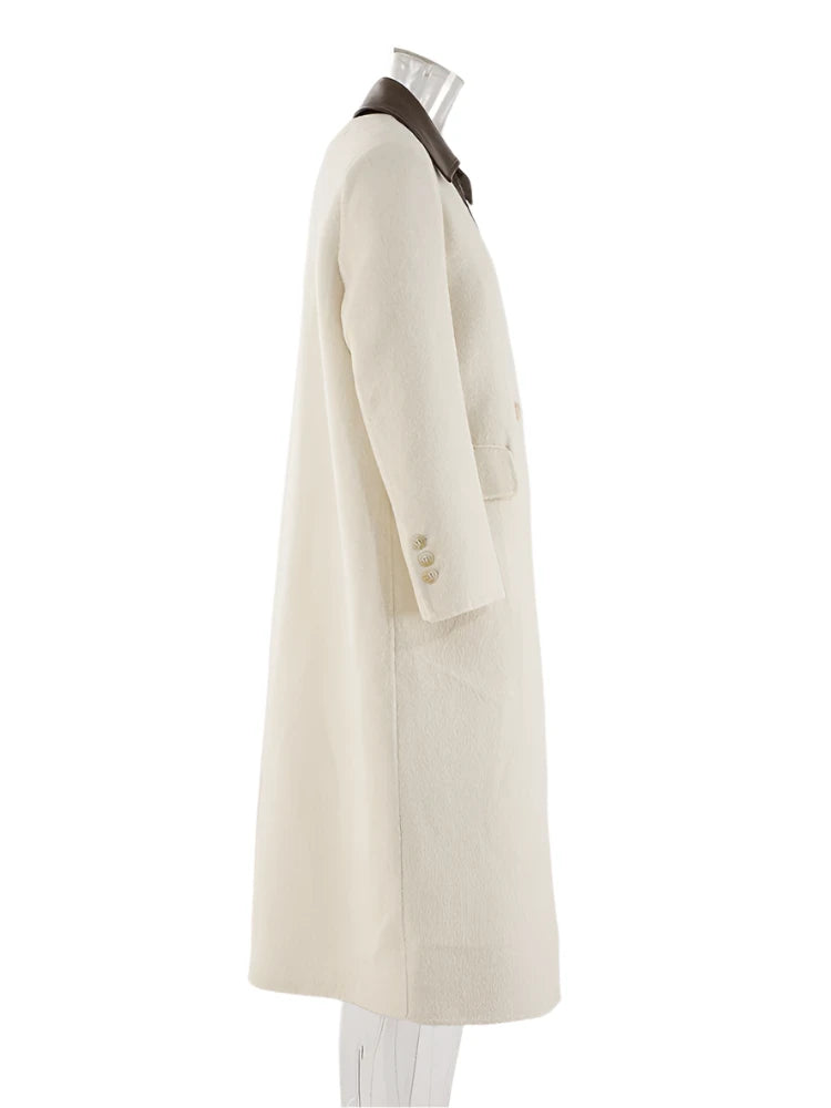 Woolen Loose Coat And  PU Leather Detachable Collar