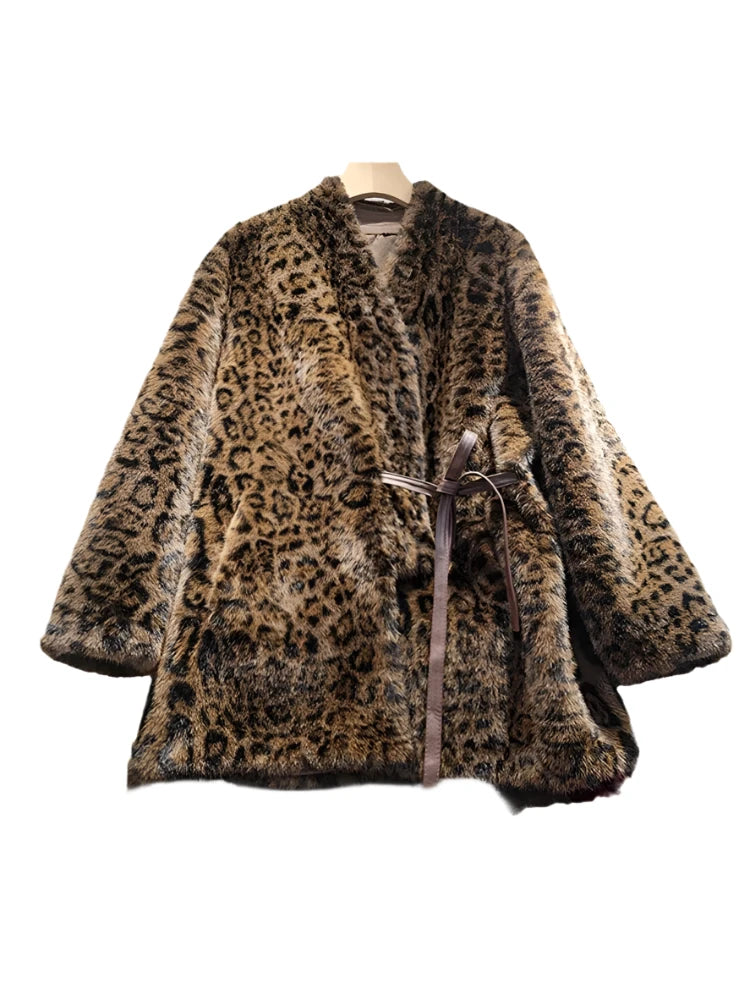 Leopard Printed Faux Fur Jacket V Neck