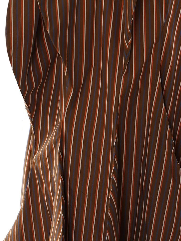 Brown Striped Cotton Midi Dress